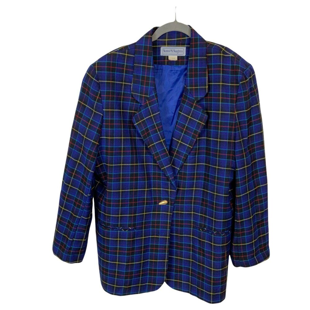 Preppy Blazer Vintage Norton McNaughton Women's Blue Yellow Red Plaid Size 14